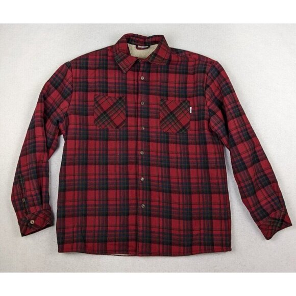 MEN'S RED PLAID FLANNEL FLEECE-LINED SHACKET - SIMPSONS X STEREO - SIZE L - Picture 2 of 10